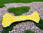Load image into Gallery viewer, Yellow dog toy shaped like a bone with 'FlexyBone' branding on a wooden floor.
